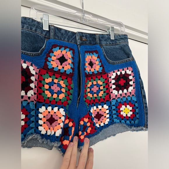 Farm Rio Granny Square Crochet Denim Shorts - Picture 3 of 10